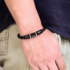 Golden Leather and Steel Bracelet 21 cm 