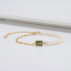 Pulsera Figaro con Perlas y Cristal Verde