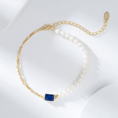 Pulsera Figaro con Perlas y Cristal Azul