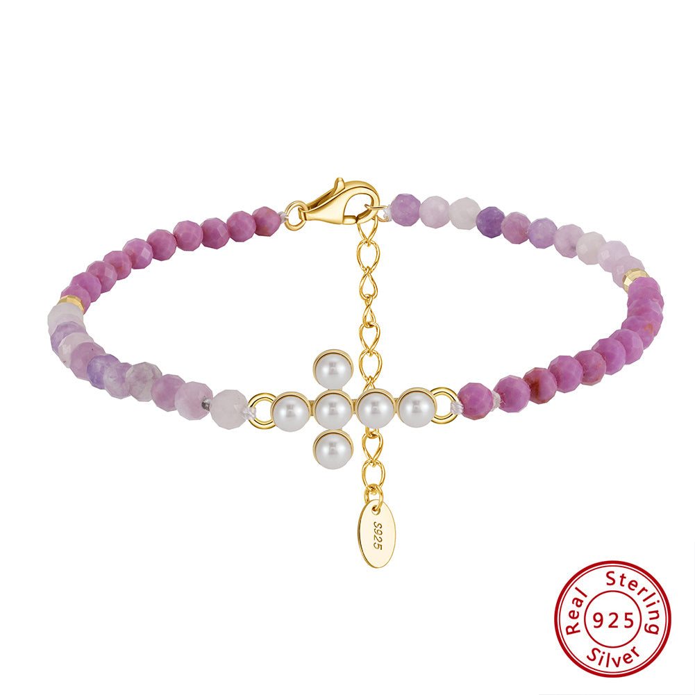 Pulsera Cruz con Perlas y Mica